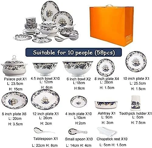 سرویس ظروف غذاخوری، 58 پارچه، سرویس ظروف چینی استخوانی با بشقاب، کاسه و دیس، سرویس غذاخوری سرامیکی با طرح قایق بادبانی