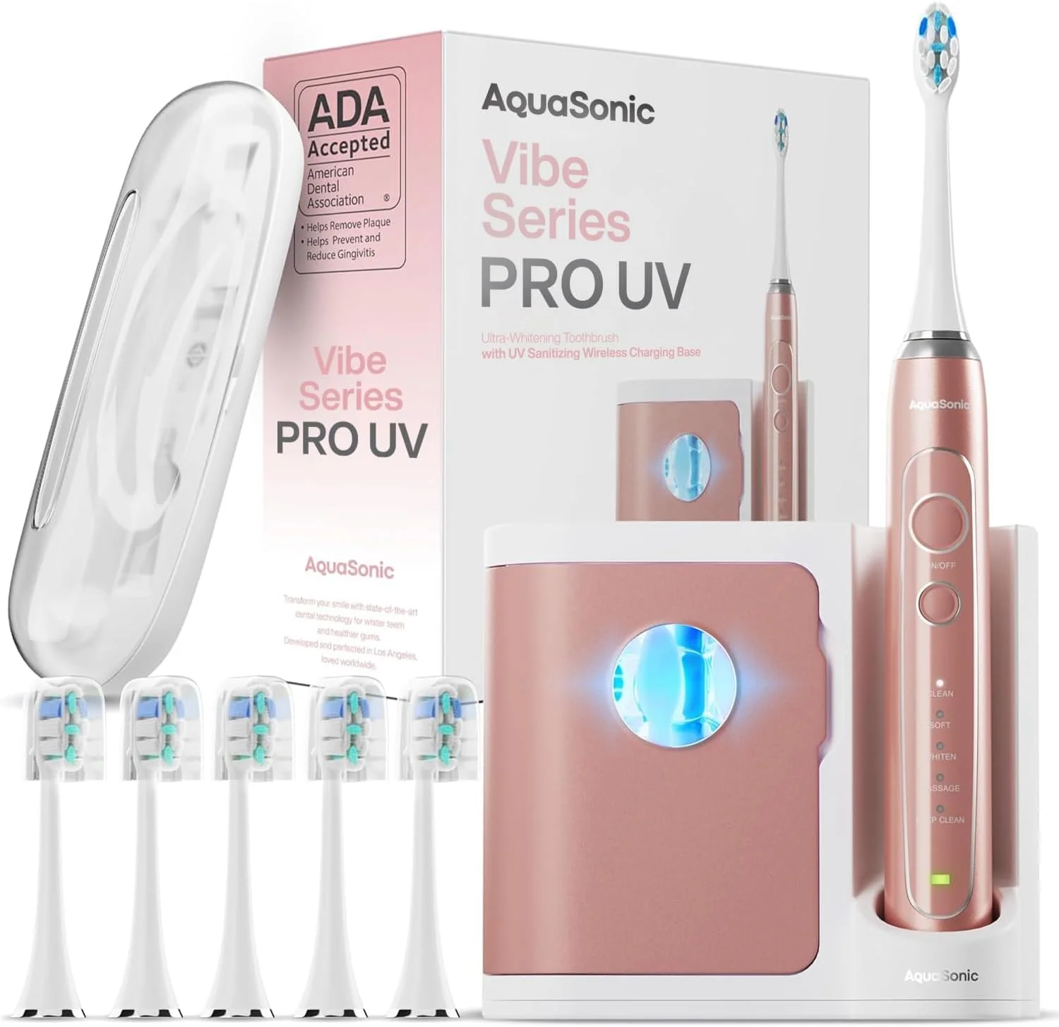 مسواک برقی فوق العاده سفید کننده سری Aquasonic Vibe مدل PRO – دارای 5 حالت و تایمر هوشمند – پایه ضدعفونی کننده UV (رزگلد ساتن)