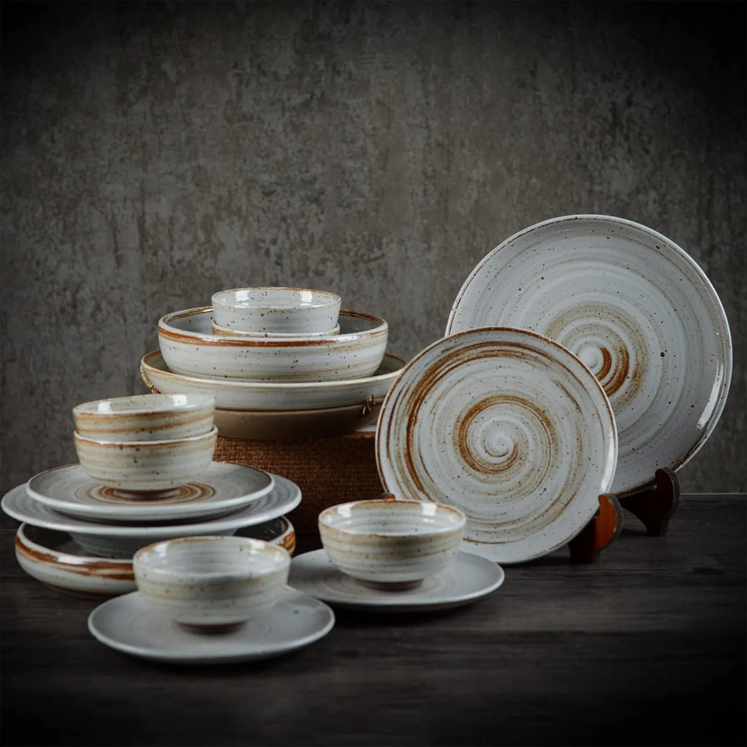 سرویس ظروف غذاخوری، ست کاسه و بشقاب چینی، ست ظروف غذاخوری سرامیکی رترو 16 تکه، ست ظروف سنگی برای 4 نفر، ست ترکیبی ظروف بشقاب/کاسه برای مهمانی خانوادگی