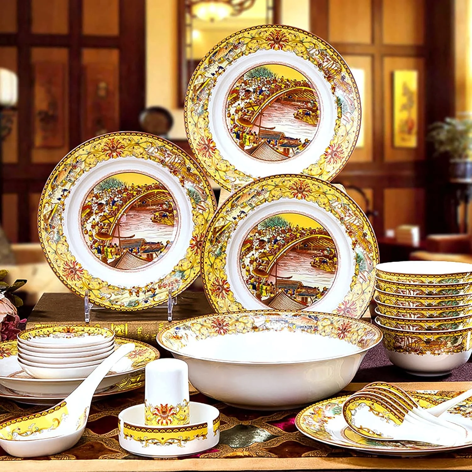 سرویس غذاخوری چینی استخوانی، ظروف غذاخوری چینی ظریف، مناسب برای میز غذاخوری گرد، شامل کاسه غلات، بشقاب دسر، بشقاب سوپ و ظروف قابل استفاده در مایکروویو