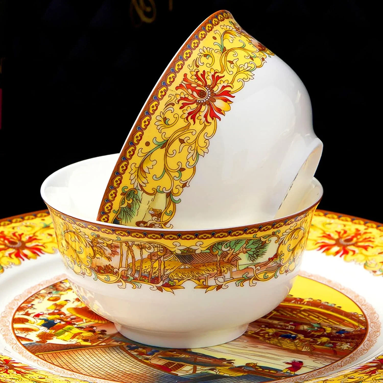 سرویس غذاخوری چینی استخوانی، ظروف غذاخوری چینی ظریف، مناسب برای میز غذاخوری گرد، شامل کاسه غلات، بشقاب دسر، بشقاب سوپ و ظروف قابل استفاده در مایکروویو