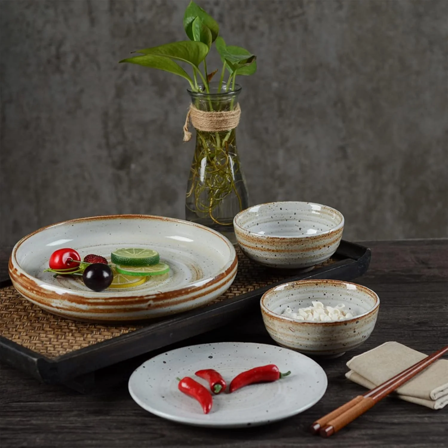 سرویس ظروف غذاخوری، ست کاسه و بشقاب چینی، ست ظروف غذاخوری سرامیکی رترو 16 تکه، ست ظروف سنگی برای 4 نفر، ست ترکیبی ظروف بشقاب/کاسه برای مهمانی خانوادگی