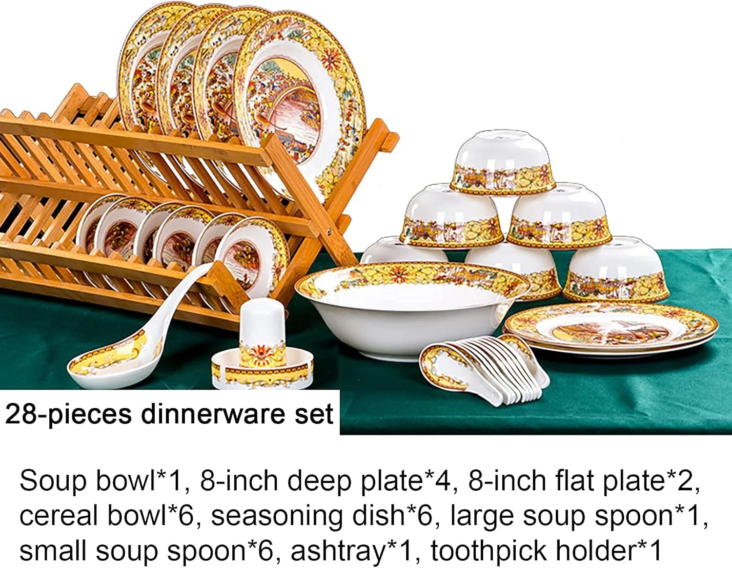 سرویس غذاخوری چینی استخوانی، ظروف غذاخوری چینی ظریف، مناسب برای میز غذاخوری گرد، شامل کاسه غلات، بشقاب دسر، بشقاب سوپ و ظروف قابل استفاده در مایکروویو