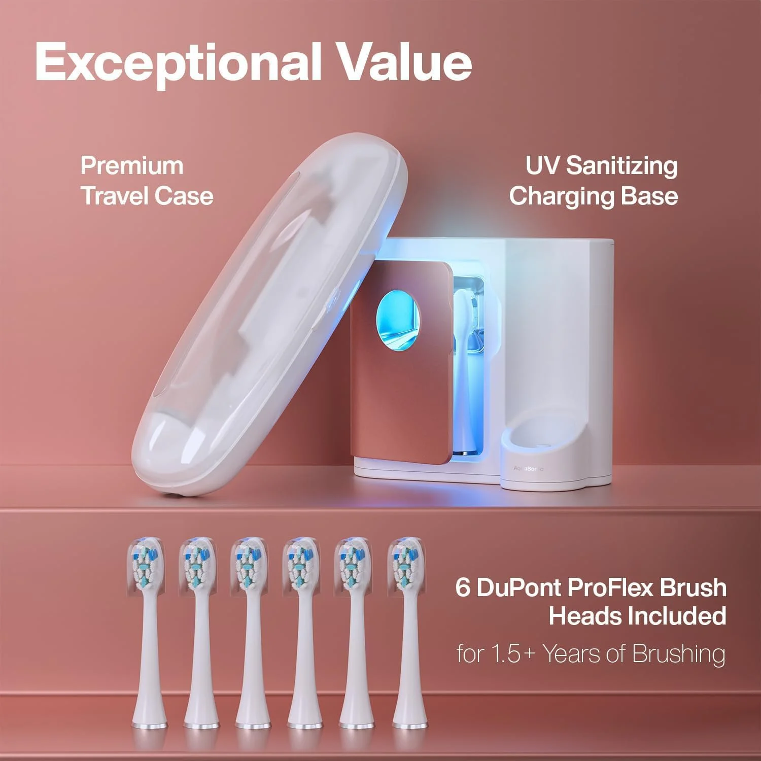 مسواک برقی فوق العاده سفید کننده سری Aquasonic Vibe مدل PRO – دارای 5 حالت و تایمر هوشمند – پایه ضدعفونی کننده UV (رزگلد ساتن) مسواک برقی فوق العاده سفید کننده سری Aquasonic Vibe مدل PRO – دارای 5 حالت و تایمر هوشمند – پایه ضدعفونی کننده UV (رزگلد ساتن)