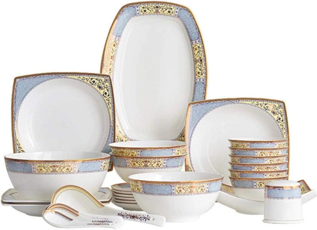 Dinnerware Set,40 Pieces Porcelain Dinnerware Set for 6 Persons Overglaze Craftsmanship with Phnom Penh Pattern Tableware Combination