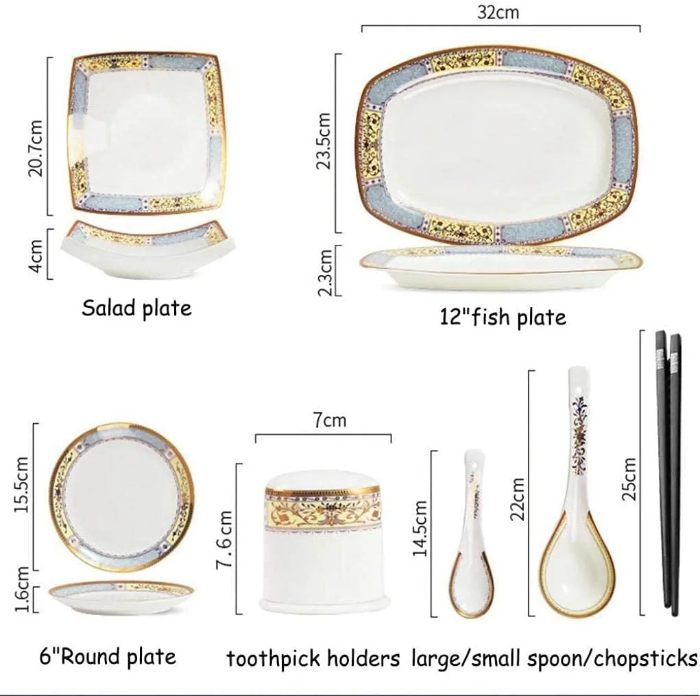 Dinnerware Set,40 Pieces Porcelain Dinnerware Set for 6 Persons Overglaze Craftsmanship with Phnom Penh Pattern Tableware Combination