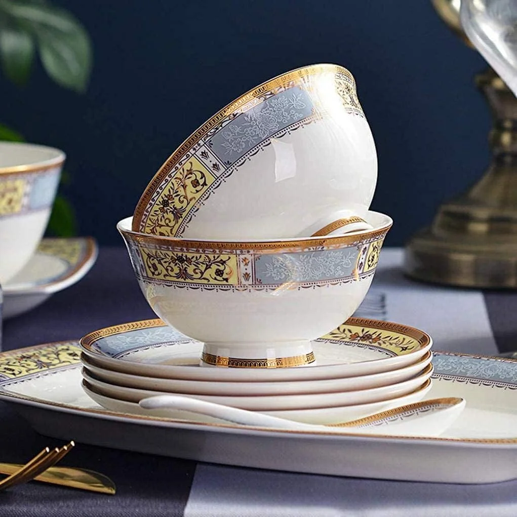 Dinnerware Set,40 Pieces Porcelain Dinnerware Set for 6 Persons Overglaze Craftsmanship with Phnom Penh Pattern Tableware Combination