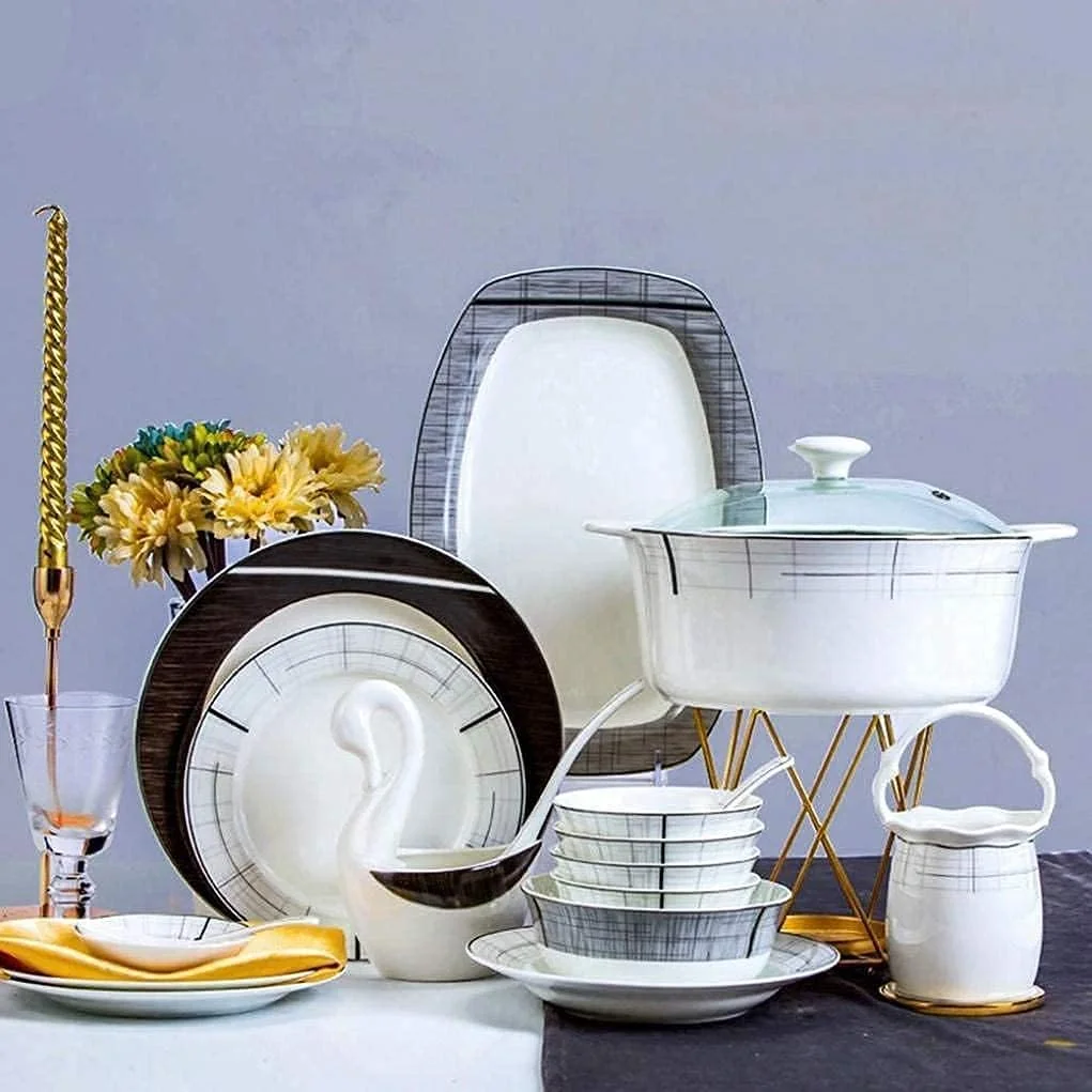 سرویس ظروف غذاخوری آشپزخانه، ست دکوری خانوادگی، ست غذاخوری، ست ظروف چینی 66 تکه، ترکیب ظروف غذاخوری مدرن سیاه و سفید مناسب برای 10 نفر