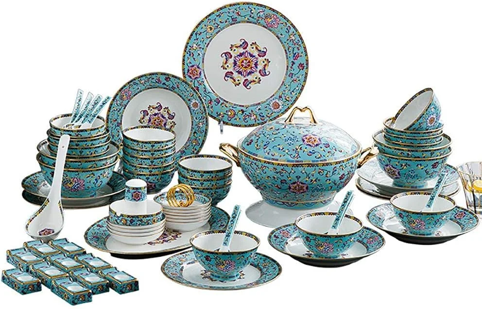سرویس غذاخوری 48 پارچه چینی استخوانی، بشقاب، کاسه و ظروف بادوام گرد چینی، مقاوم در برابر خراش، مناسب برای 10 نفر