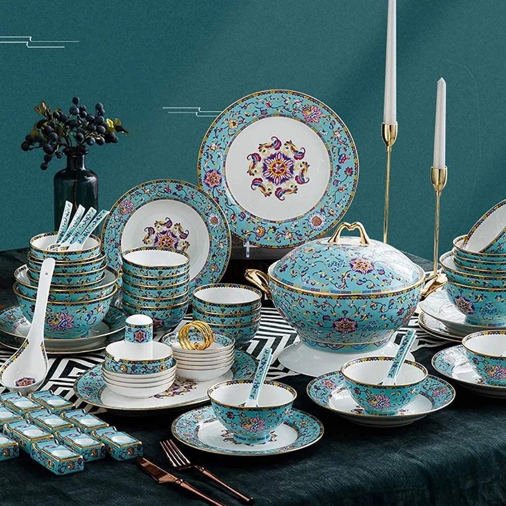 سرویس غذاخوری 48 پارچه چینی استخوانی، بشقاب، کاسه و ظروف بادوام گرد چینی، مقاوم در برابر خراش، مناسب برای 10 نفر