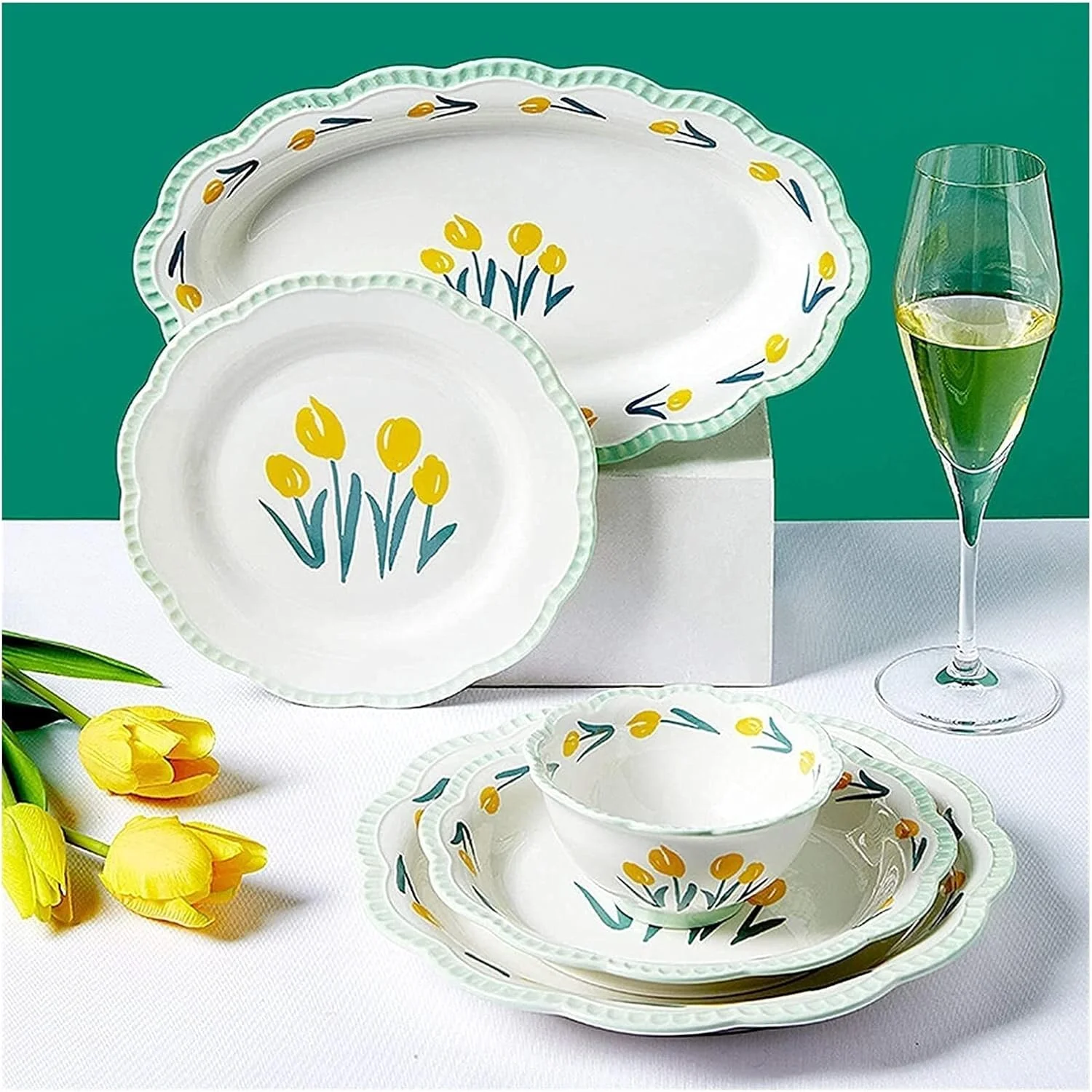 سرویس ظروف غذاخوری، ست ظروف 21 تکه توری چینی برای دورهمی های خانوادگی و هدایای عروسی، کاسه غلات به سبک خانه های روستایی و ست بشقاب استیک