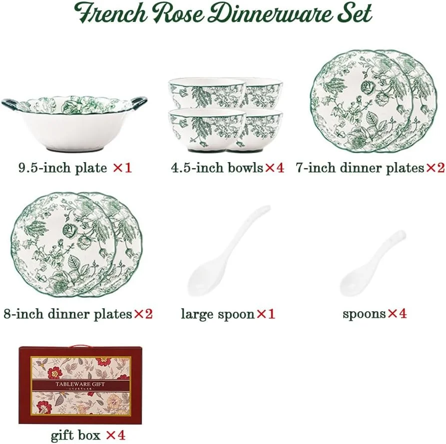 سرویس ظروف غذاخوری سری گل رز فرانسوی، ست ظروف چینی ۱۴ تکه، ست بشقاب و کاسه مناسب برای ۴ نفر، ست ظروف سرامیکی کاسه دو گوش خانگی جعبه هدیه، قابل شستشو در ماشین ظرفشویی و استفاده در مایکروویو