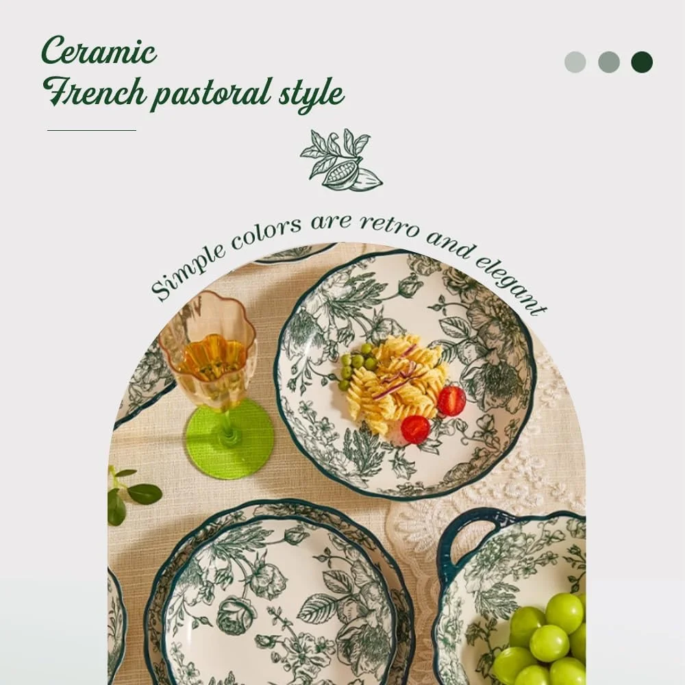 سرویس ظروف غذاخوری سری گل رز فرانسوی، ست ظروف چینی ۱۴ تکه، ست بشقاب و کاسه مناسب برای ۴ نفر، ست ظروف سرامیکی کاسه دو گوش خانگی جعبه هدیه، قابل شستشو در ماشین ظرفشویی و استفاده در مایکروویو