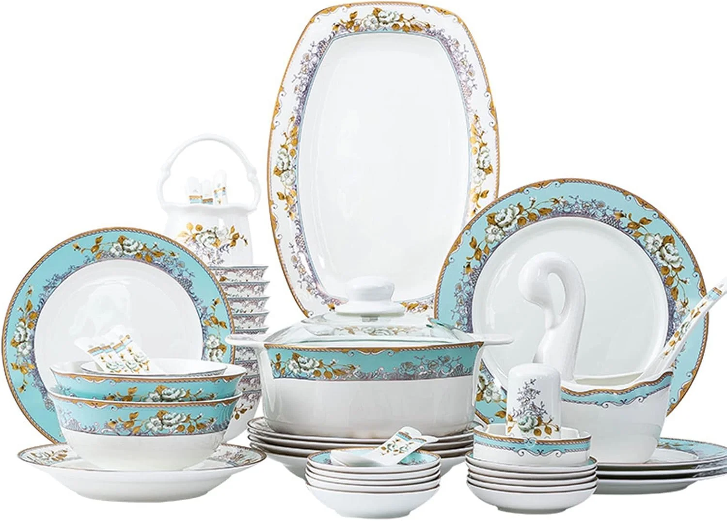 ست بشقاب و کاسه 60 پارچه ظروف غذاخوری چینی استخوانی مرغوب برای 10 نفر، ست ظروف غذاخوری چینی سفید Jingdezhen، ظروف غذاخوری لوکس - ست قابلمه، بشقاب و کاسه، دست ساز
