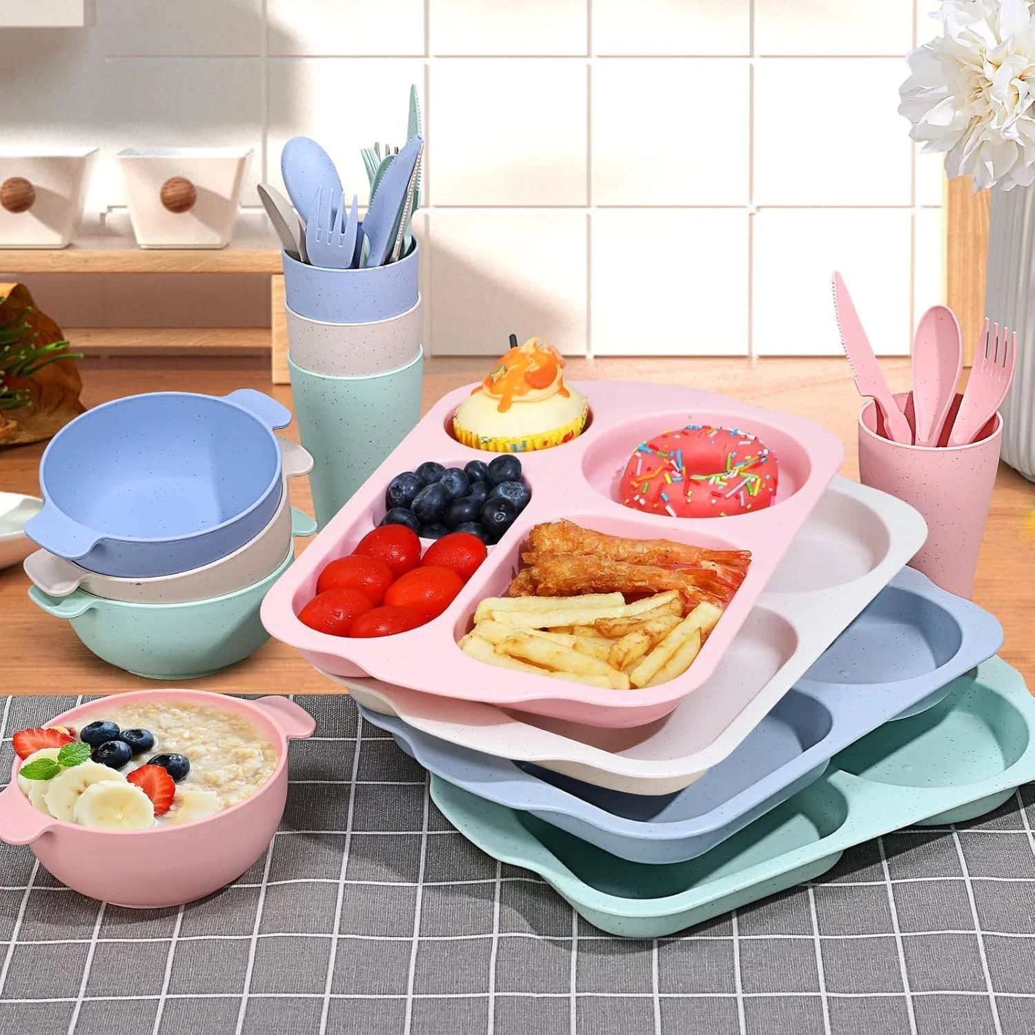 ست ظروف غذاخوری 24 تکه از جنس کاه گندم، سبک، نشکن و قابل استفاده مجدد شامل بشقاب، کاسه، فنجان، چنگال، چاقو و قاشق. مناسب برای ماشین ظرفشویی و مایکروویو، سازگار با محیط زیست، مناسب برای کودکان، بزرگسالان، استفاده در منزل، پیک نیک، کمپینگ و مهمانی ها