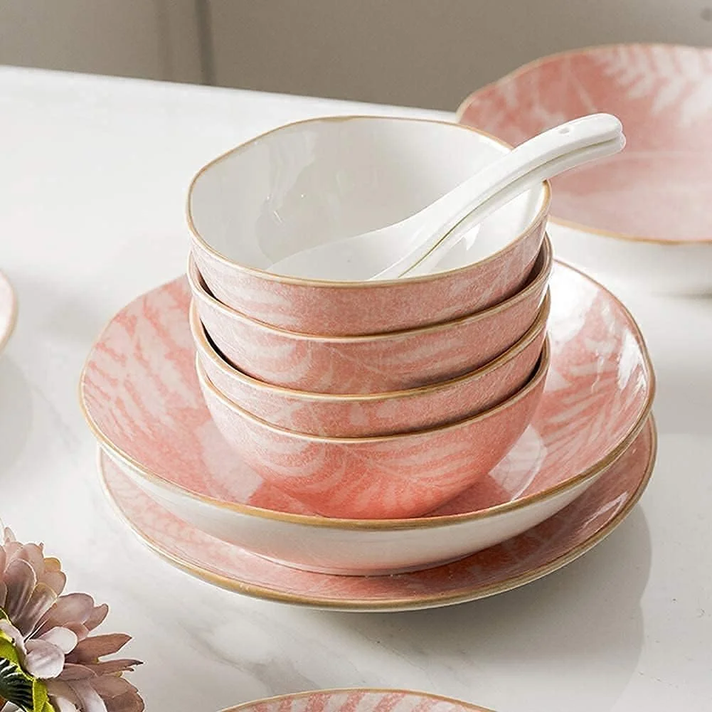 سرویس ظروف غذاخوری آشپزخانه و ناهارخوری، سرویس ظروف غذاخوری 28 تکه، کاسه/بشقاب دسر/نعلبکی - ظروف رومیزی یکپارچهسازی با سیستمعامل مجموعه ظروف چینی مهمانی خانوادگی رستوران، سرامیک به سبک ژاپنی