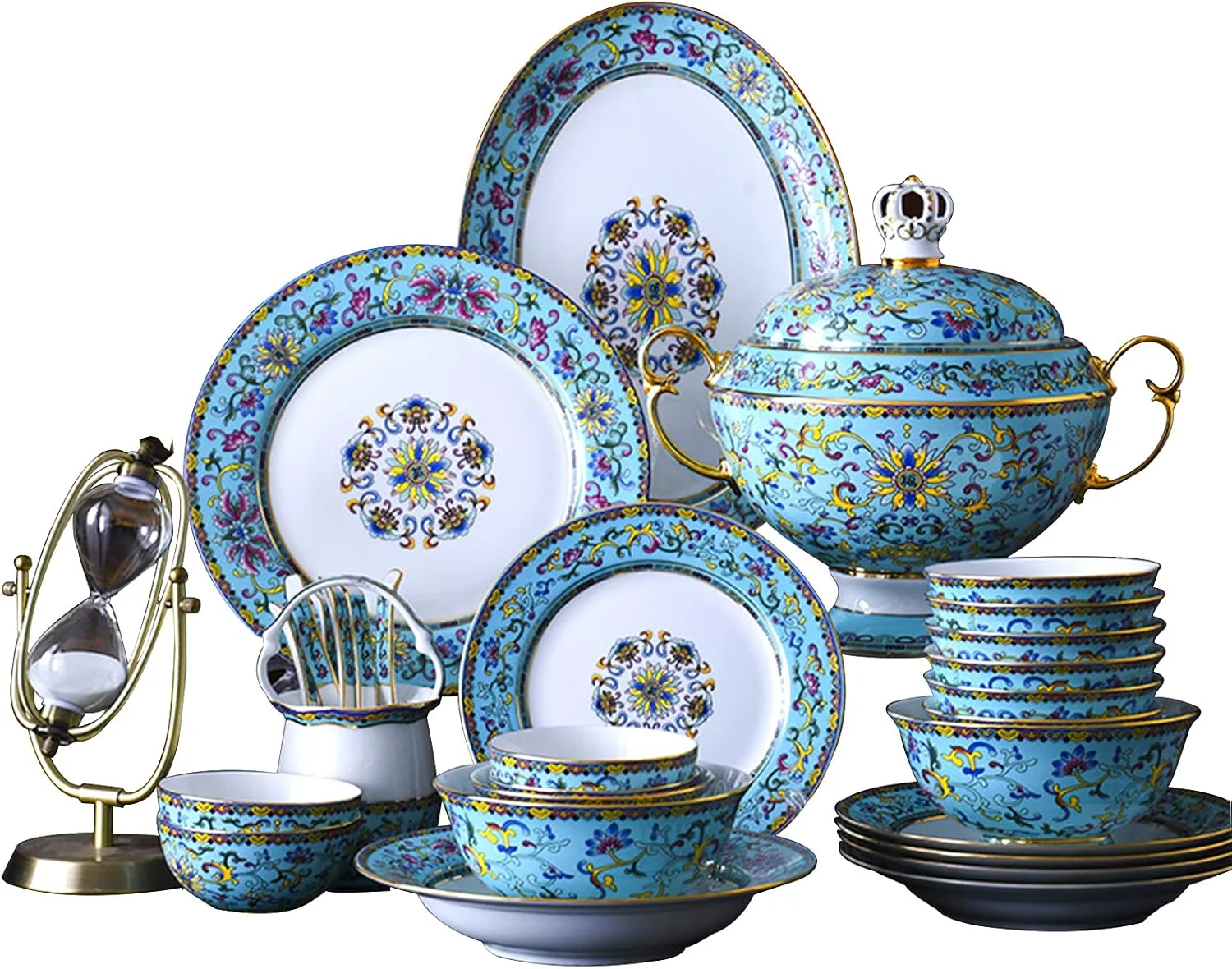 سرویس غذاخوری چینی استخوانی برای 10 نفر، ظروف غذاخوری لوکس خانگی، ست غذاخوری به سبک کاخ چینی برای مهمانی، کاسه و بشقاب خانگی درجه یک