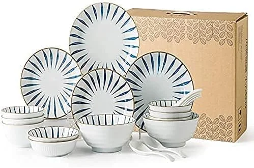 سرویس ظروف غذاخوری آشپزخانه و غذاخوری، سرویس ظروف سرامیکی 18 تکه، ست ترکیبی ژاپنی درجه یک ظروف چینی شامل کاسه/بشقاب/دیس مناسب برای 3-6 نفر، هدیه منزل