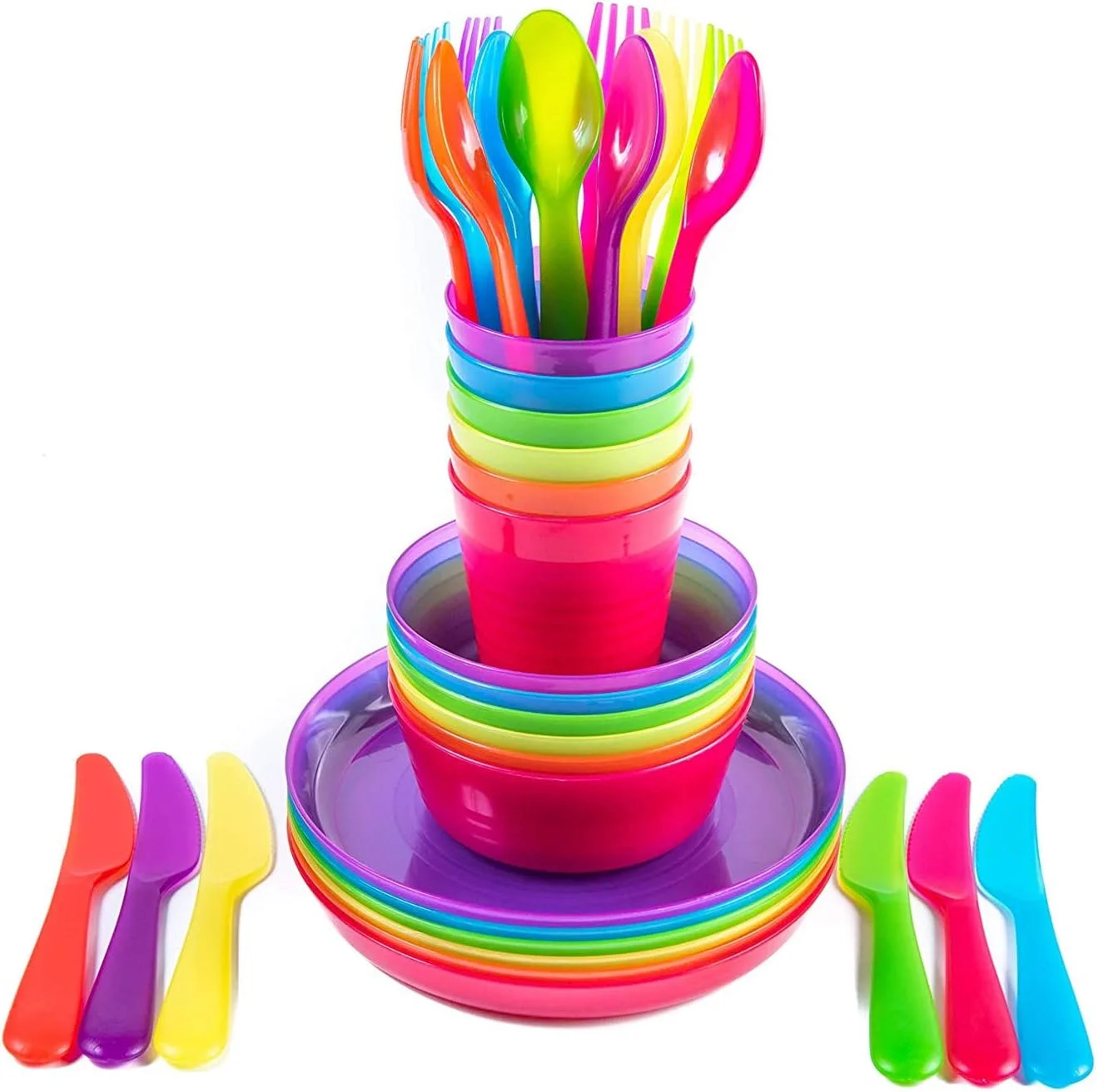 ست ظروف غذاخوری پلاستیکی برای 6 نفر، شامل 36 تکه (بشقاب، کاسه، فنجان و قاشق و چنگال) رنگین کمانی برای مهمانی و پیک نیک کودکان، قابل استفاده مجدد، بدون BPA، قابل شستشو در ماشین ظرفشویی و قابل استفاده در مایکروویو