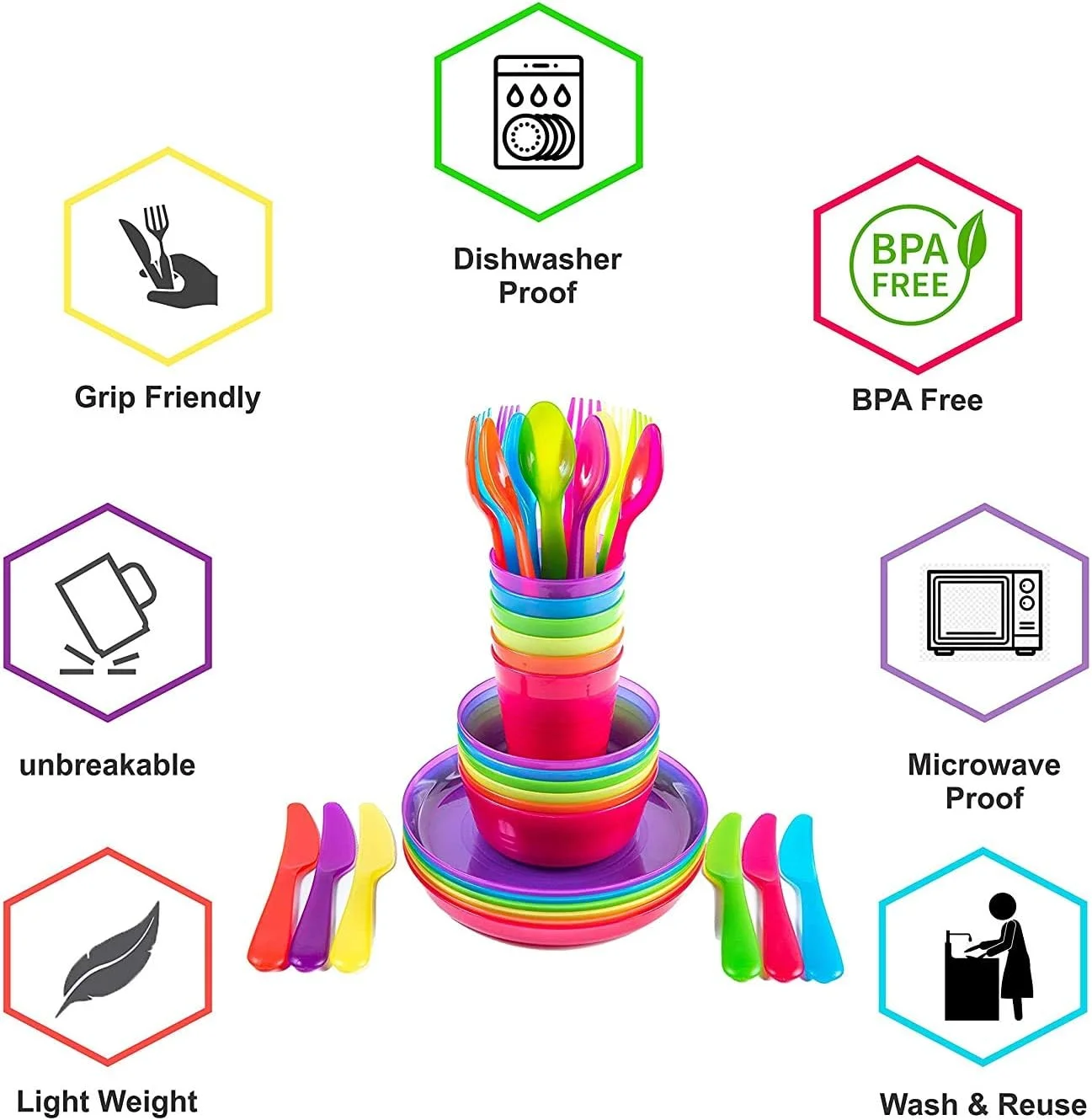 ست ظروف غذاخوری پلاستیکی برای 6 نفر، شامل 36 تکه (بشقاب، کاسه، فنجان و قاشق و چنگال) رنگین کمانی برای مهمانی و پیک نیک کودکان، قابل استفاده مجدد، بدون BPA، قابل شستشو در ماشین ظرفشویی و قابل استفاده در مایکروویو