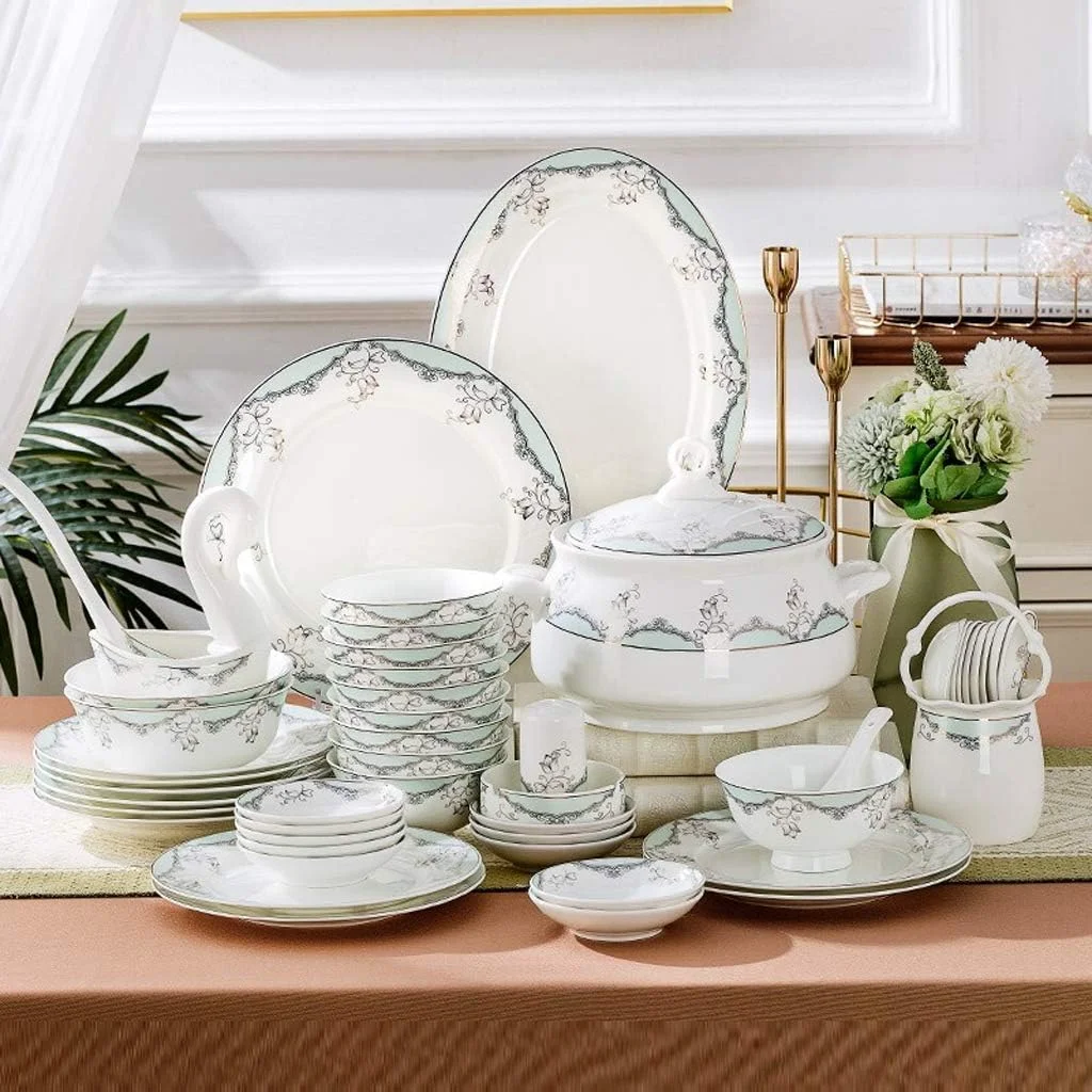 سرویس ظروف چینی غذاخوری، سرویس بشقاب غذاخوری، سرویس 48 پارچه چینی استخوانی مناسب برای و عروسی - ست بشقاب و کاسه سرامیکی شیک