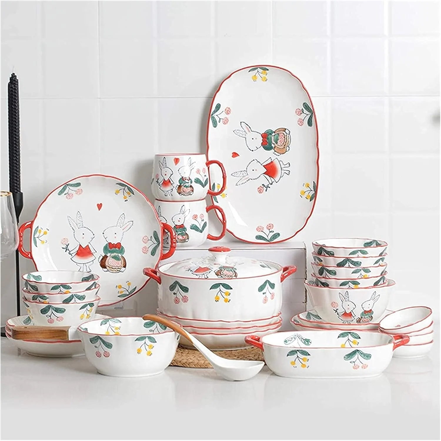 سرویس ظروف غذاخوری، ست ظروف، ست های شام، قابلمه سوپ، کاسه غلات و ست بشقاب استیک | 56 تکه چینی با طرح دستی