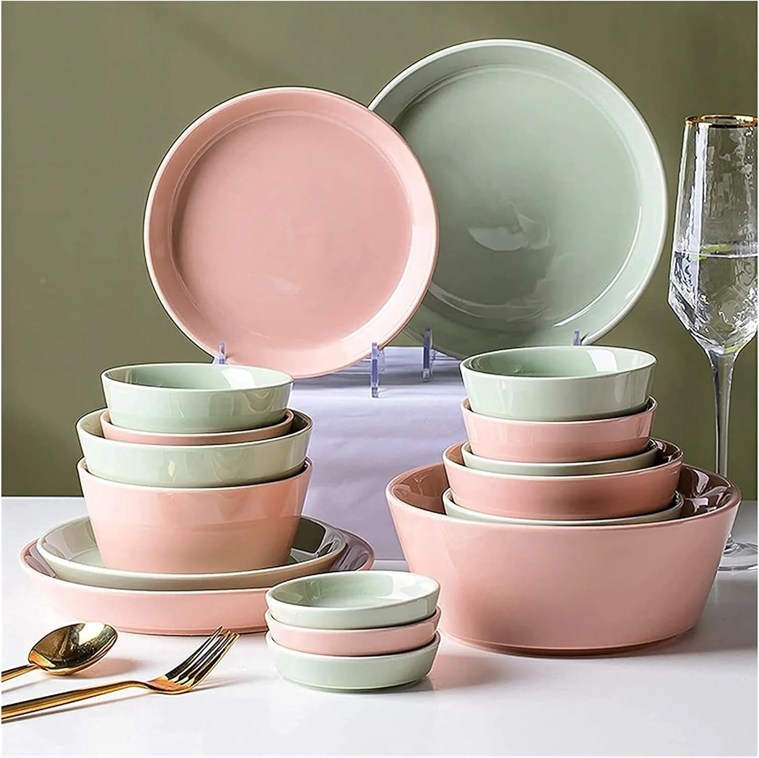 سرویس ظروف غذاخوری، ست ظروف، سرویس غذاخوری، ظروف چینی به سبک لوکس نوردیک 58 پارچه | ست کاسه غلات و بشقاب استیک رنگ ثابت ساده