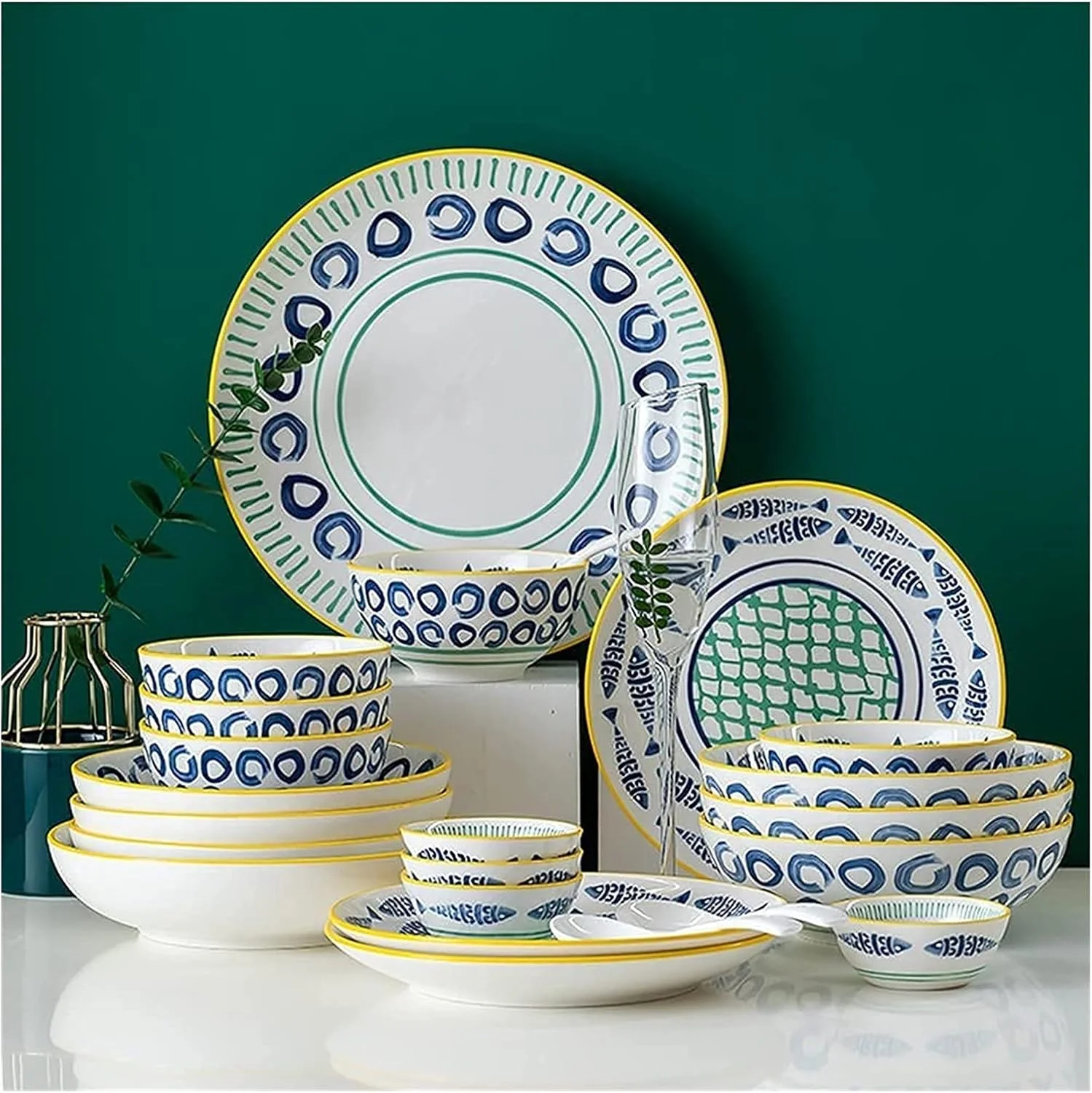 سرویس ظروف غذاخوری، 19 تکه، سرویس ظروف چینی به سبک ژاپنی خلاقانه با بشقاب و کاسه، ست شام سرامیکی برای آشپزخانه منزل