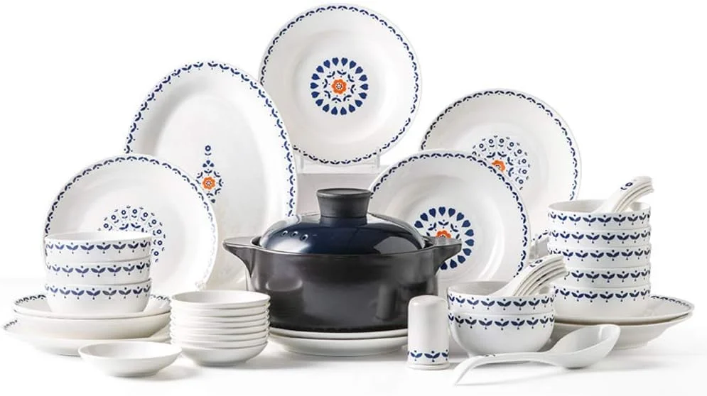 سرویس ظروف چینی، ست ظروف سرامیکی، بشقاب/کاسه/قابلمه سوپ | ست ترکیبی 46 پارچه ای چینی به سبک نوردیک - ظروف غذاخوری با لعاب براق مناسب برای