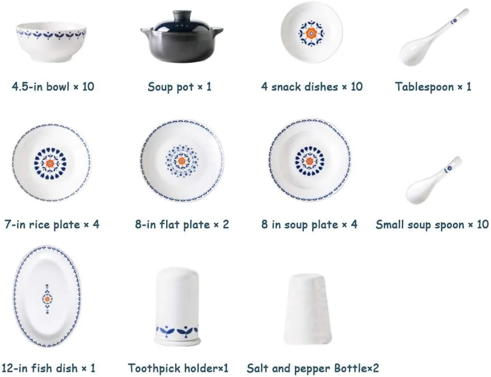 سرویس ظروف چینی، ست ظروف سرامیکی، بشقاب/کاسه/قابلمه سوپ | ست ترکیبی 46 پارچه ای چینی به سبک نوردیک - ظروف غذاخوری با لعاب براق مناسب برای