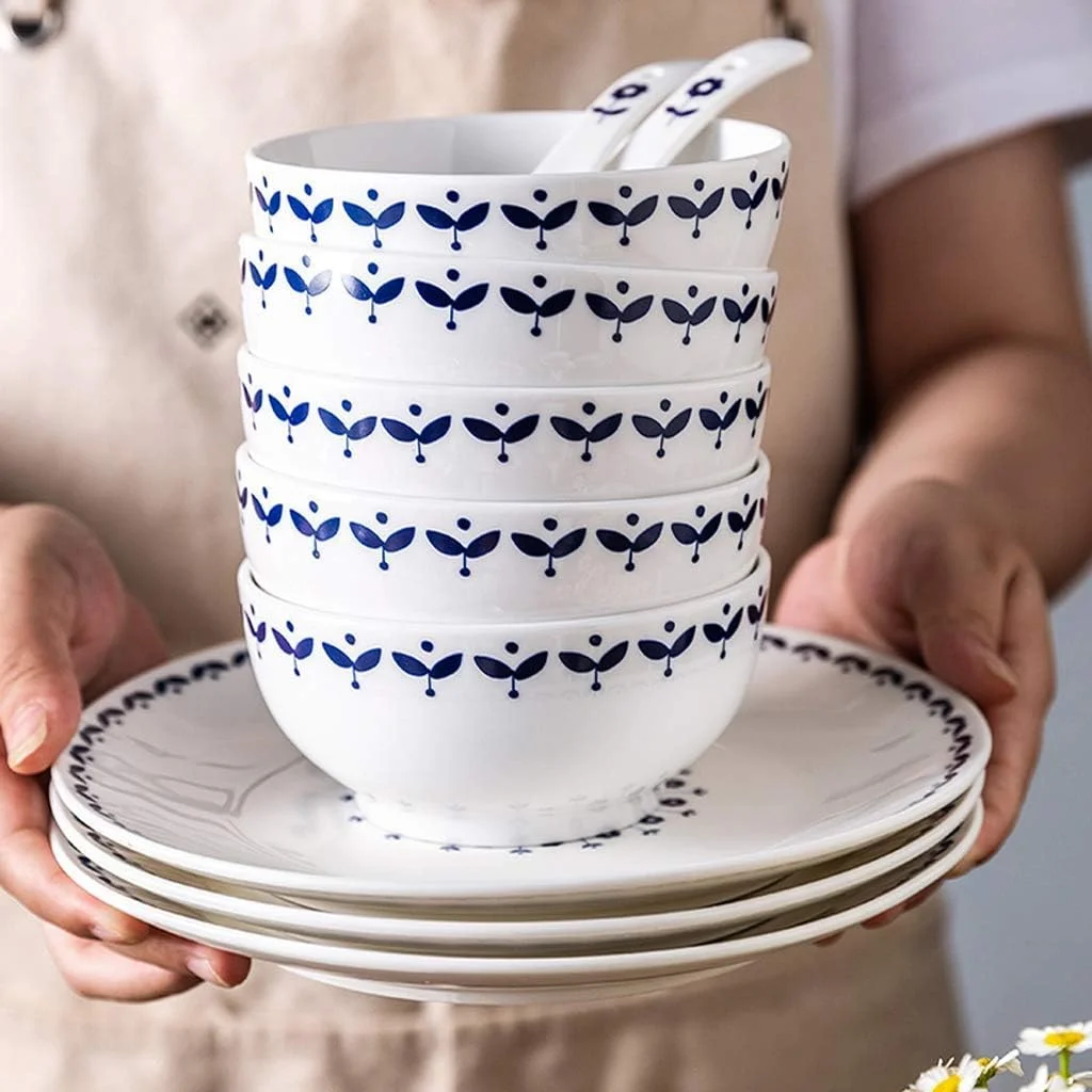 سرویس ظروف چینی، ست ظروف سرامیکی، بشقاب/کاسه/قابلمه سوپ | ست ترکیبی 46 پارچه ای چینی به سبک نوردیک - ظروف غذاخوری با لعاب براق مناسب برای