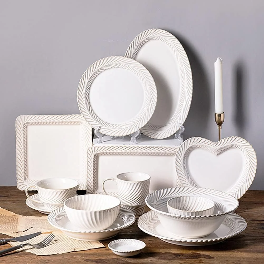 سرویس غذاخوری 52 پارچه، سرویس ظروف سرامیکی سفید و شیک، سرویس کامل میز غذاخوری چینی، بشقاب/کاسه/فنجان قهوه/لیوان، قابل استفاده در مایکروویو و ماشین ظرفشویی