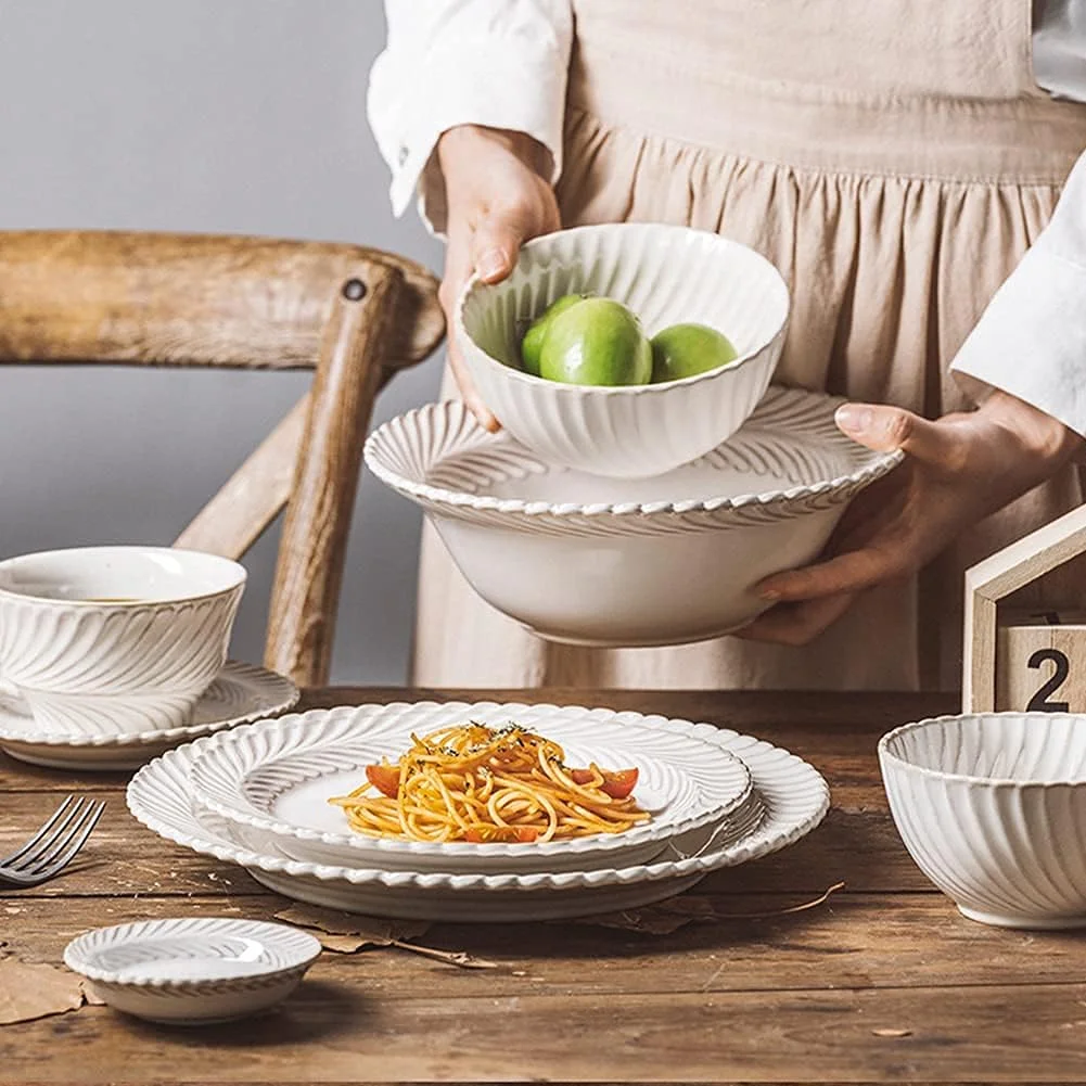 سرویس غذاخوری 52 پارچه، سرویس ظروف سرامیکی سفید و شیک، سرویس کامل میز غذاخوری چینی، بشقاب/کاسه/فنجان قهوه/لیوان، قابل استفاده در مایکروویو و ماشین ظرفشویی
