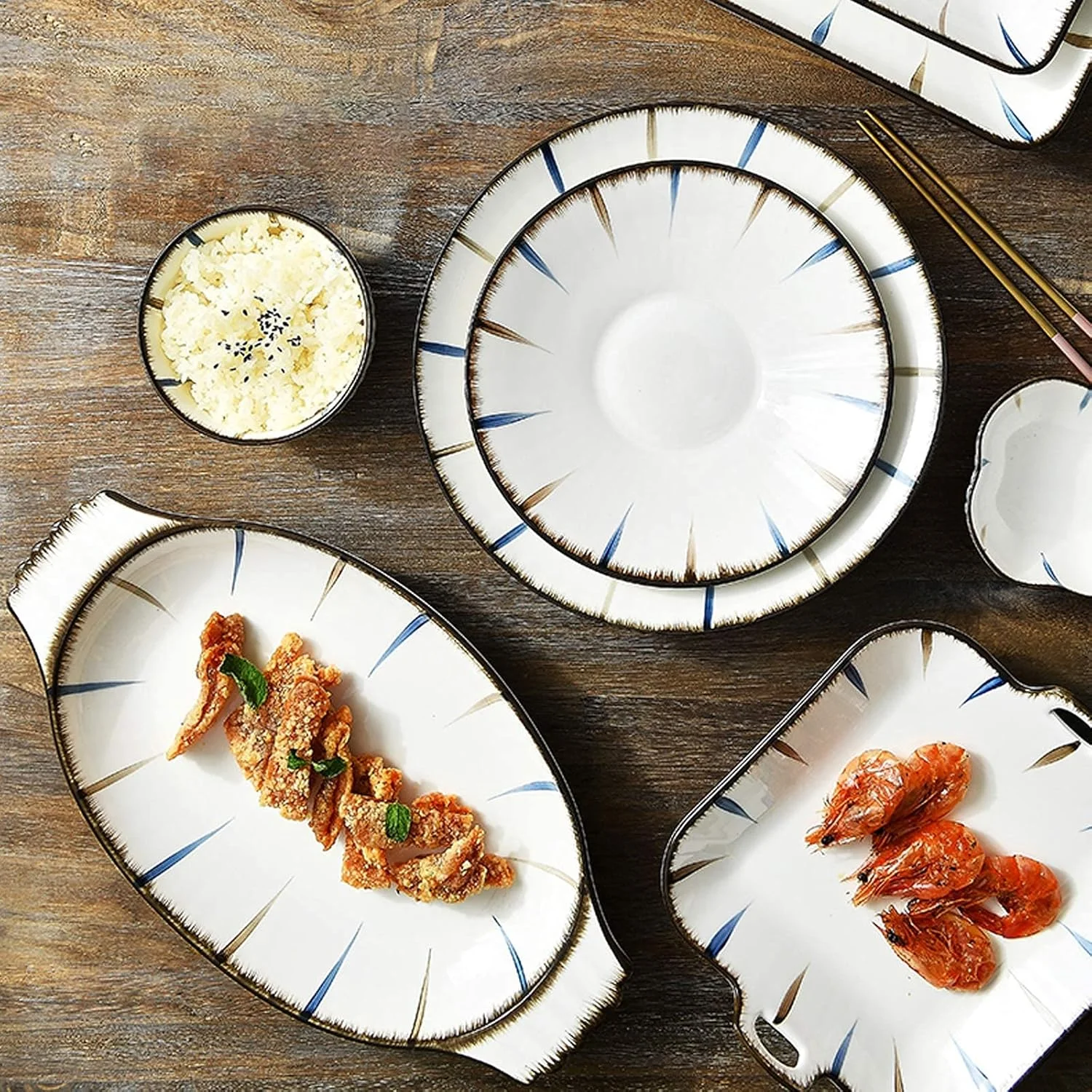 سرویس غذاخوری جدید، سرویس غذاخوری سرامیکی، سرویس غذاخوری 31 پارچه به سبک ژاپنی | کاسه غلات راه راه چینی و بشقاب استیک برای رستوران و دورهمی خانوادگی