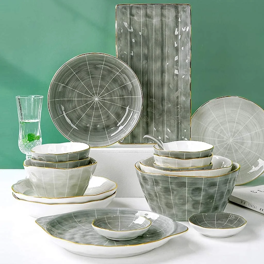 سرویس غذاخوری جدید، سرویس غذاخوری سرامیکی، سرویس چینی لوکس Penh Light، 48 تکه / ست بشقاب و کاسه با بافت دستی به سبک نوردیک برای دورهمی های خانوادگی