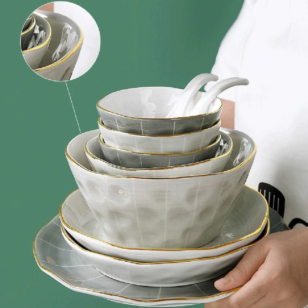 سرویس غذاخوری جدید، سرویس غذاخوری سرامیکی، سرویس چینی لوکس Penh Light، 48 تکه / ست بشقاب و کاسه با بافت دستی به سبک نوردیک برای دورهمی های خانوادگی