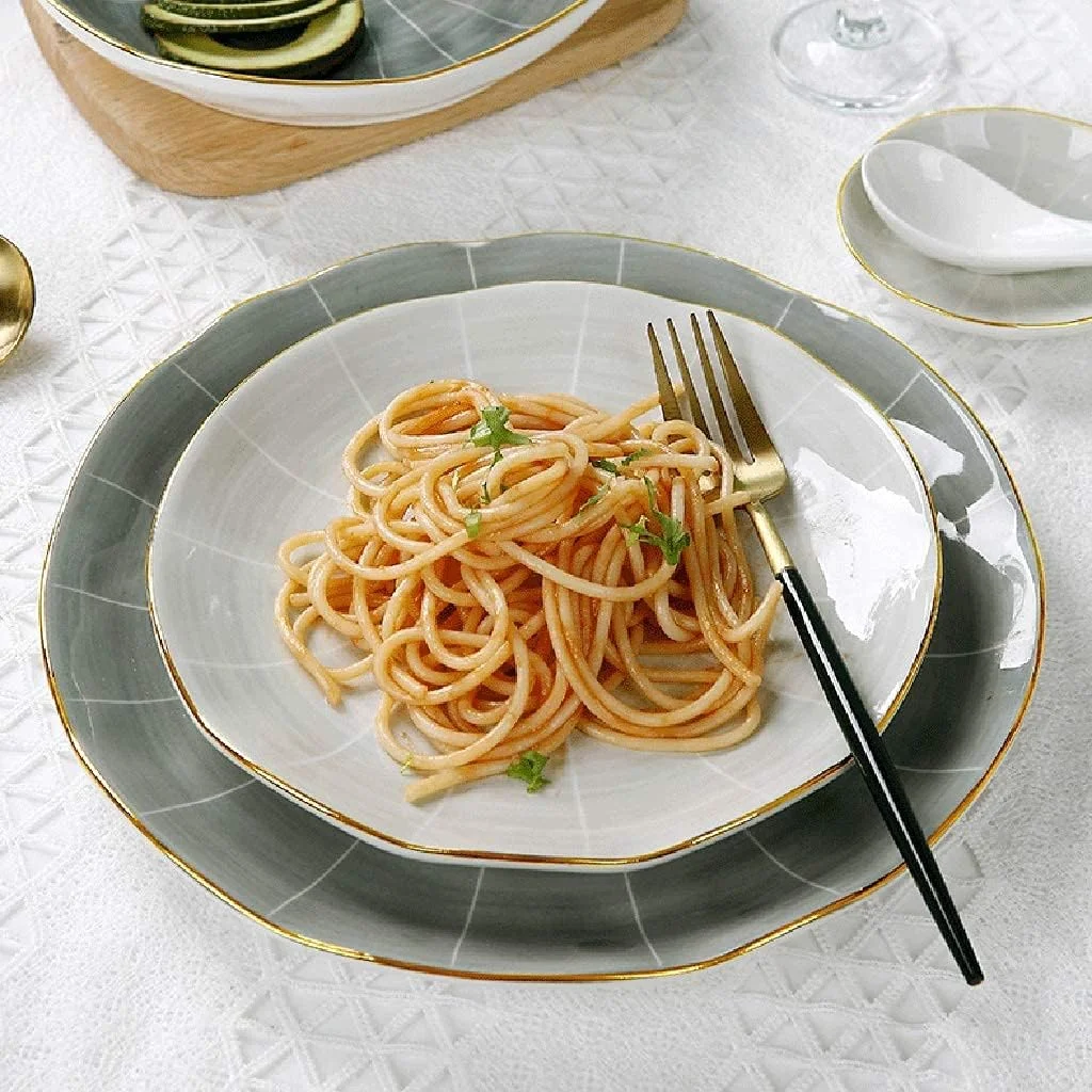 سرویس غذاخوری جدید، سرویس غذاخوری سرامیکی، سرویس چینی لوکس Penh Light، 48 تکه / ست بشقاب و کاسه با بافت دستی به سبک نوردیک برای دورهمی های خانوادگی