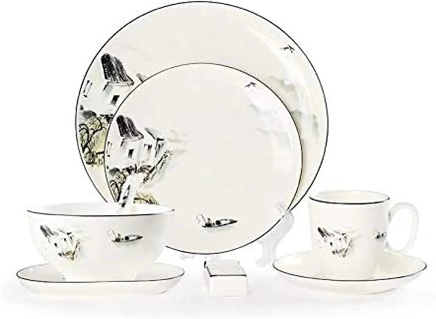 ست بشقاب غذاخوری ظروف چینی استخوانی، ست ظروف سرامیکی شامل کاسه، بشقاب، فنجان و نعلبکی با طرح منظره، ست ظروف غذاخوری، B