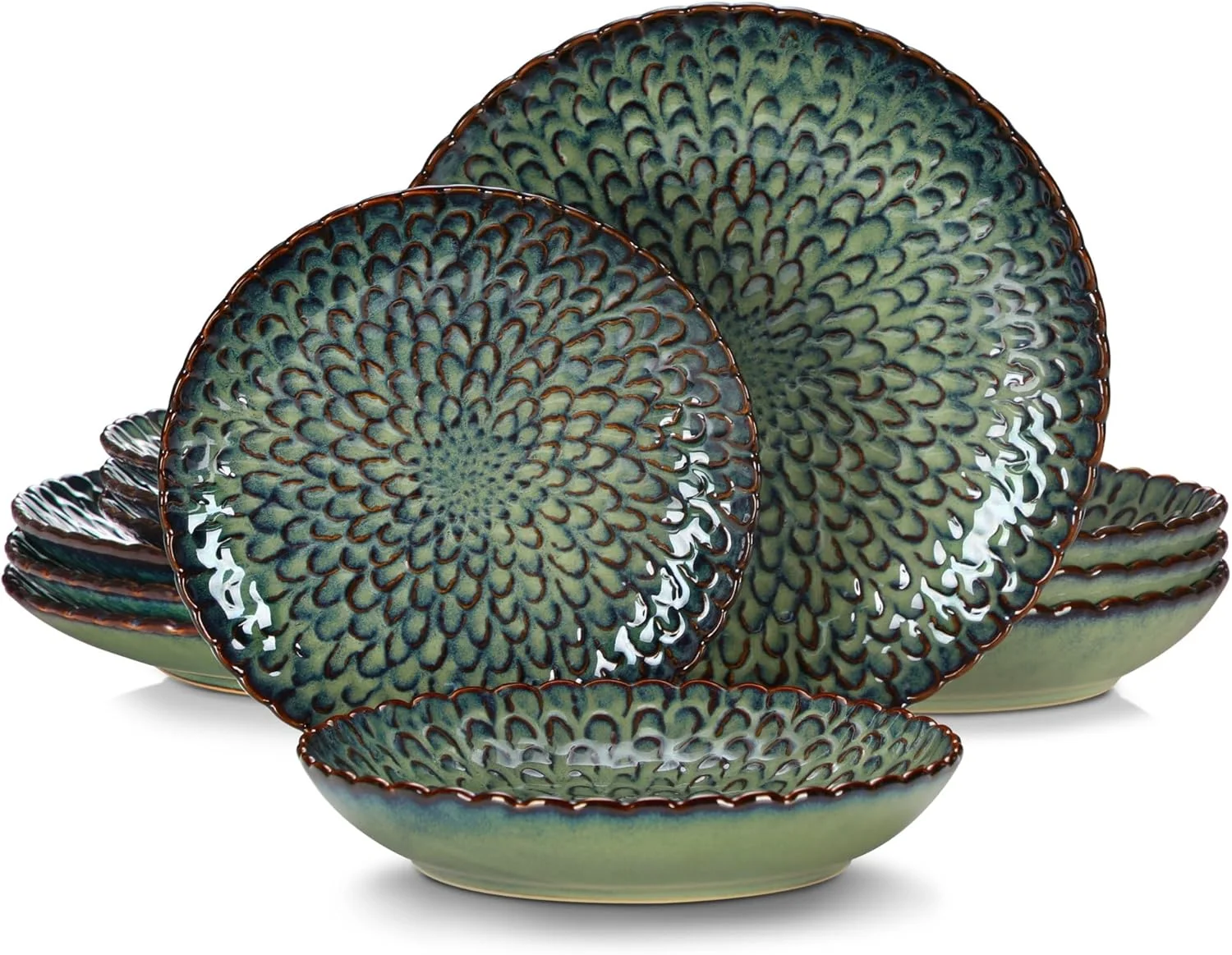 سرویس غذاخوری خاکستری سرامیکی 12/24 پارچه ای، ظروف سنگی بافت دار، ست ترکیبی سرامیکی برای 6/12 نفر، سبز - 12 تکه