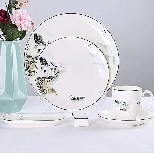 ست بشقاب غذاخوری ظروف چینی استخوانی، ست ظروف سرامیکی شامل کاسه، بشقاب، فنجان و نعلبکی با طرح منظره، ست ظروف غذاخوری، B