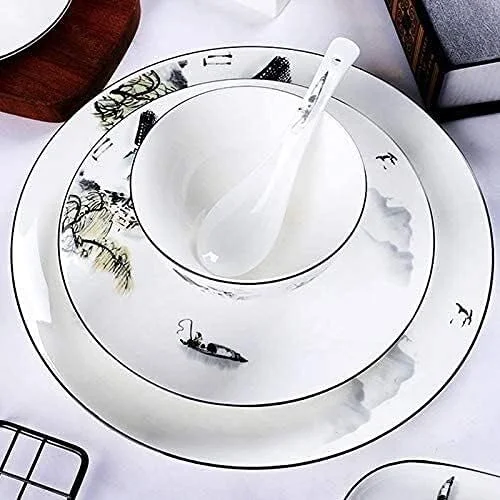 ست بشقاب غذاخوری ظروف چینی استخوانی، ست ظروف سرامیکی شامل کاسه، بشقاب، فنجان و نعلبکی با طرح منظره، ست ظروف غذاخوری، B