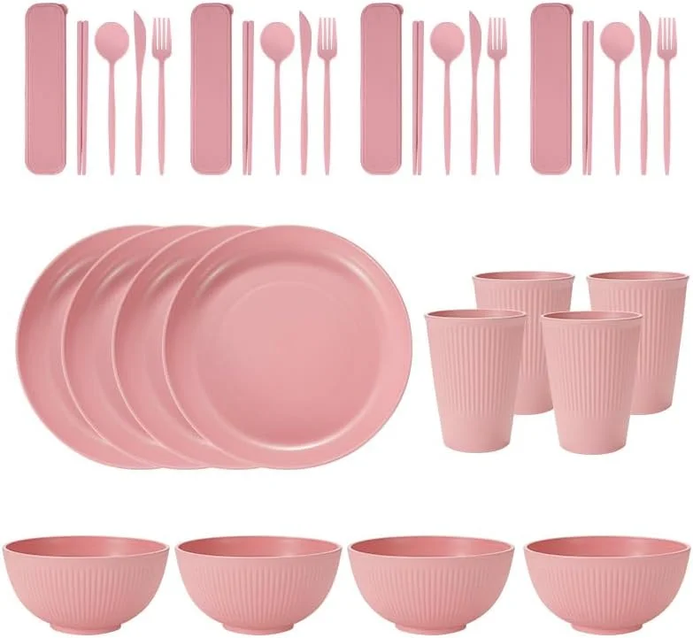 ست ظروف غذاخوری کاه گندم، ست 32 تکه بشقاب و کاسه، کارد و چنگال، ظروف غذاخوری نشکن و ایمن برای مایکروویو برای مهمانی ها، پیک نیک، خوابگاه دانشجویی، کمپینگ صورتی روشن