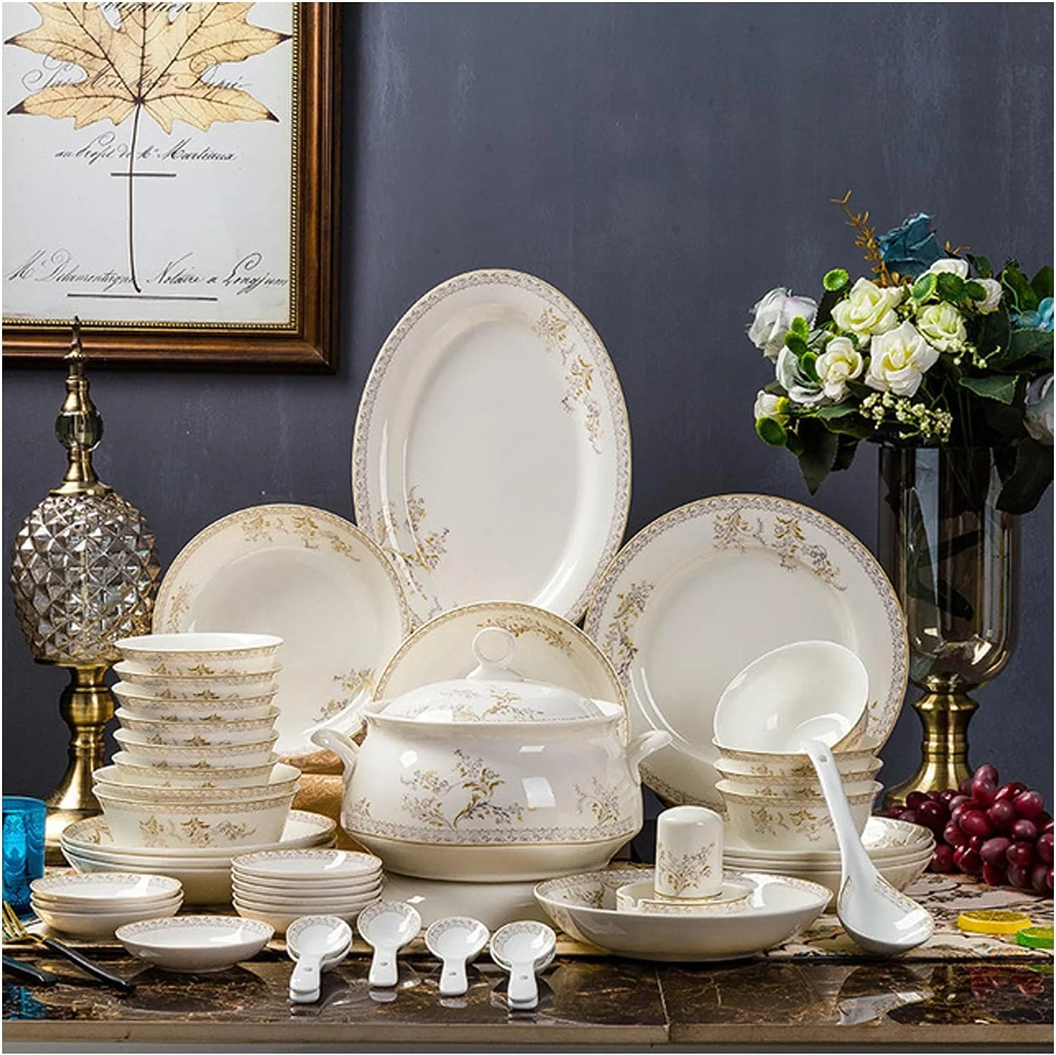 ست ظروف غذاخوری سرامیکی طرح رترو، ست ترکیبی زیبا از جنس چینی سفید و طلایی مناسب برای شام خانگی، عروسی، هتل و کریسمس