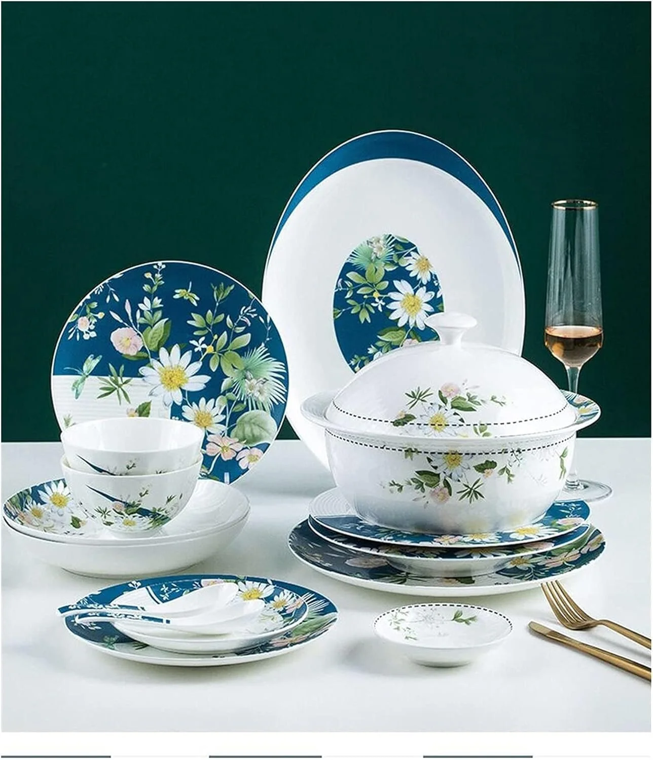 سرویس ظروف غذاخوری، سرویس لوکس 56 پارچه برای 10 نفر، ظروف چینی استخوانی، شامل کاسه، بشقاب، لیوان و قاشق مناسب برای منزل