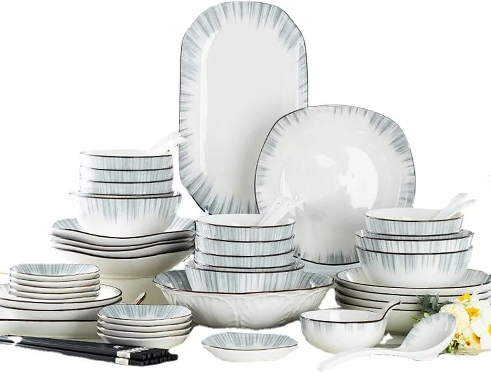 سرویس ظروف غذاخوری مناسب منزل، ست 60 پارچه ظروف سرامیکی شامل بشقاب و کاسه برای مهمانی خانوادگی، مناسب برای 6-8 نفر
