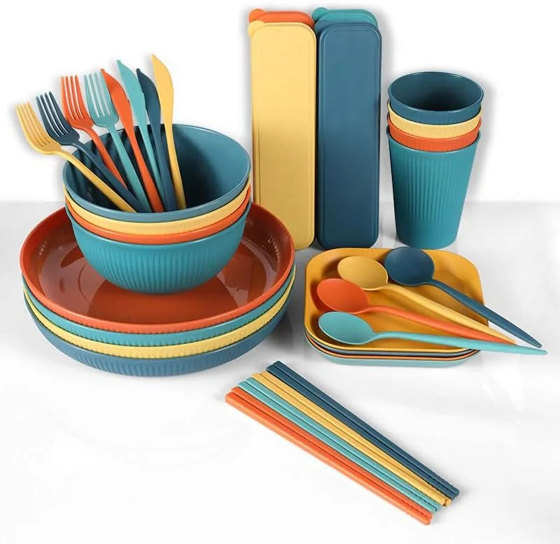 ست ظروف غذاخوری کاه گندم، ست 32 تکه بشقاب و کاسه، کارد و چنگال، ظروف غذاخوری نشکن و ایمن برای مایکروویو برای مهمانی ها، پیک نیک، خوابگاه دانشجویی، کمپینگ صورتی روشن