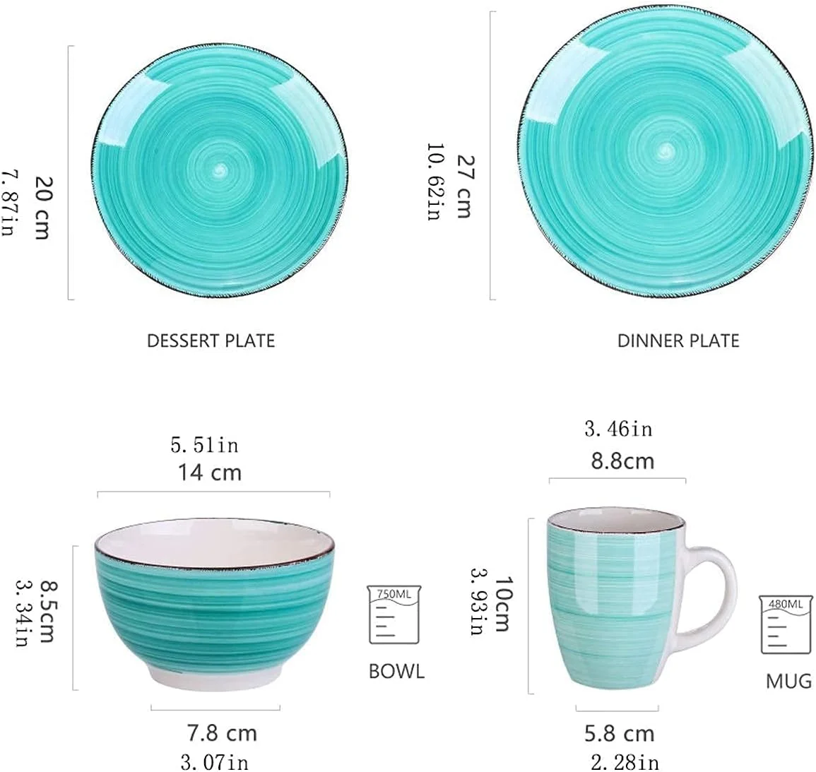 سرویس غذاخوری 32 پارچه چینی، ست بشقاب سرامیکی با ظاهر قدیمی شامل 8 بشقاب غذاخوری، بشقاب دسر، کاسه، لیوان