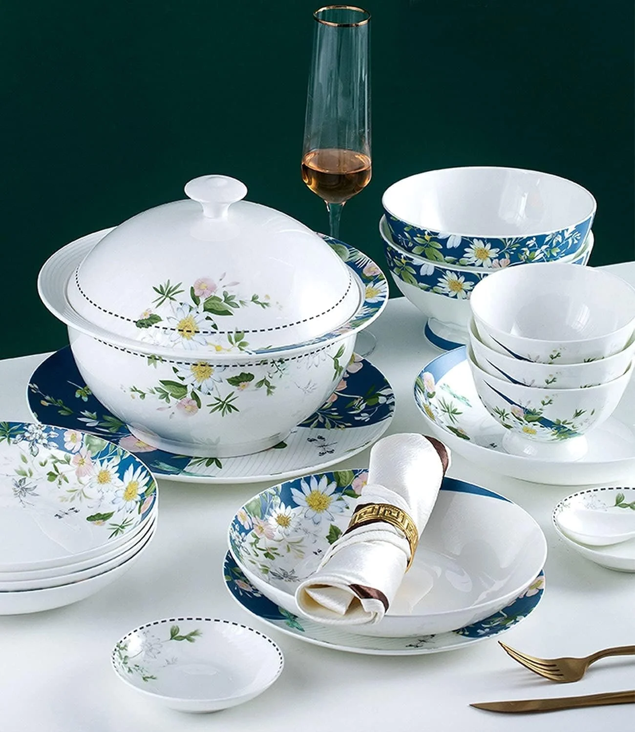 سرویس ظروف غذاخوری، سرویس لوکس 56 پارچه برای 10 نفر، ظروف چینی استخوانی، شامل کاسه، بشقاب، لیوان و قاشق مناسب برای منزل