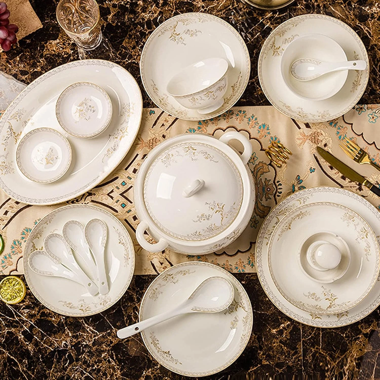 ست ظروف غذاخوری سرامیکی طرح رترو، ست ترکیبی زیبا از جنس چینی سفید و طلایی مناسب برای شام خانگی، عروسی، هتل و کریسمس
