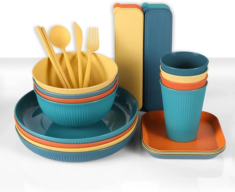 ست ظروف غذاخوری کاه گندم، ست 32 تکه بشقاب و کاسه، کارد و چنگال، ظروف غذاخوری نشکن و ایمن برای مایکروویو برای مهمانی ها، پیک نیک، خوابگاه دانشجویی، کمپینگ صورتی روشن